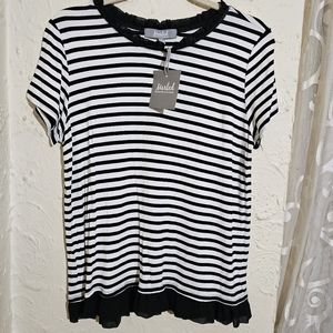 Marled Reunited Clothing Black White Striped Shirt Ruffled Collar And Hem Medium